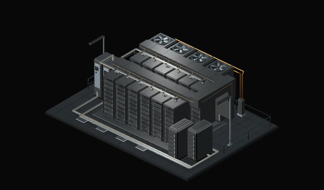 Architectural cutaway of a synthetic data center: server racks, electrical distribution, cooling units, and reserve-storage cabinets.
